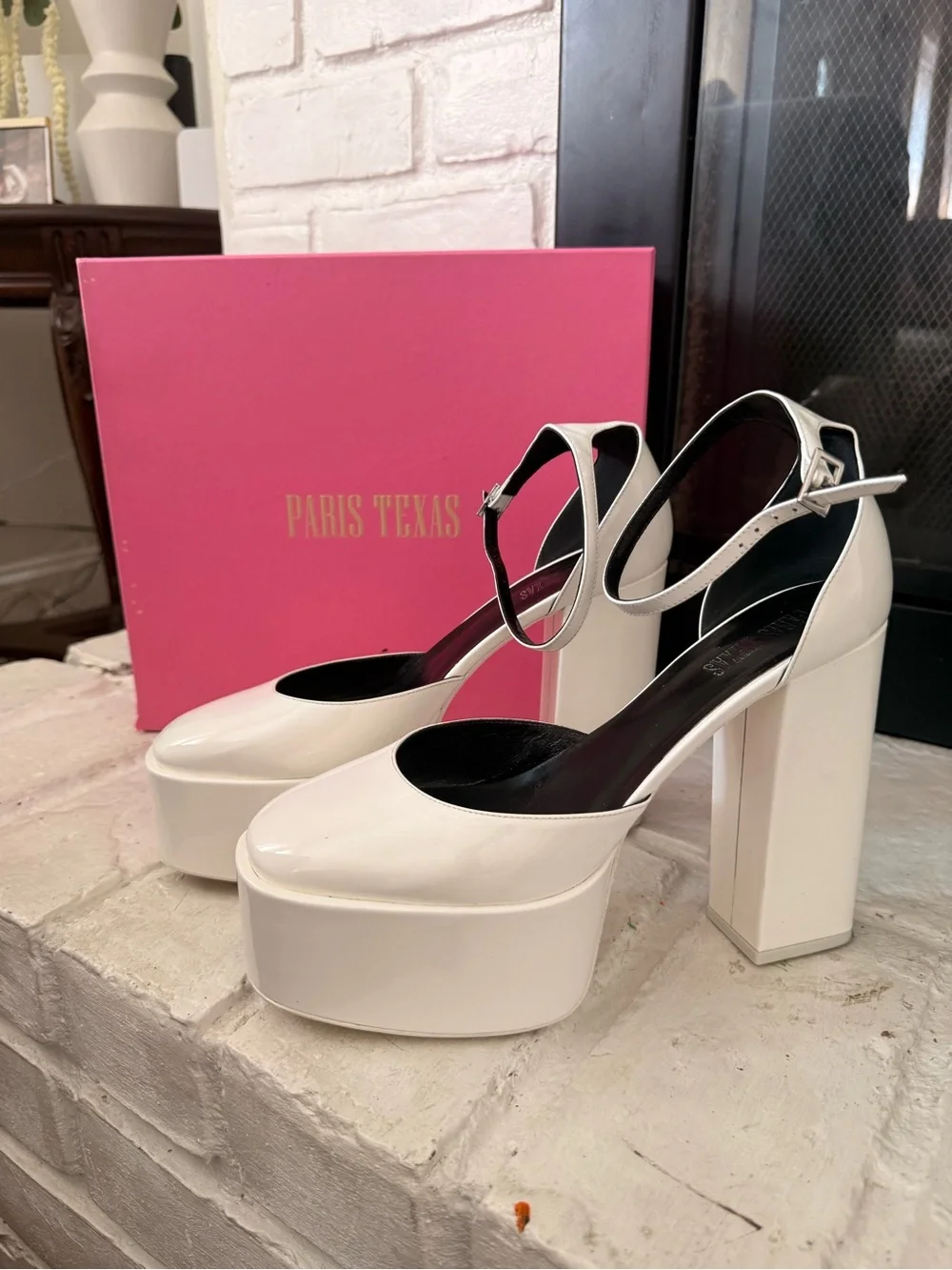 Paris Texas White Patent Platform Ankle-Strap Pumps with Black Insole